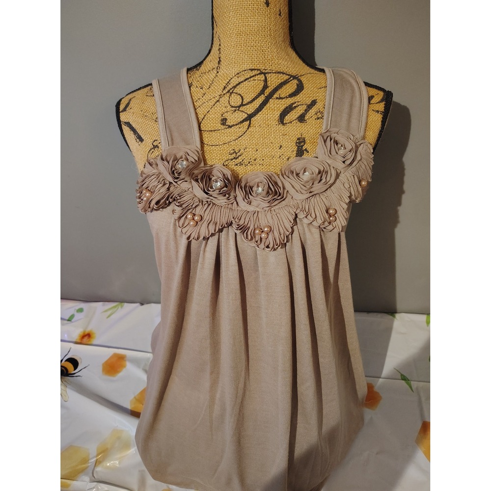 Y2K GUSB Collection Taupe Rosette Pearl Rhinestone Sleeveless Tank Top Large
